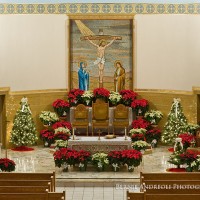 Prince of Peace Church, Old Forge, PA. Formerly Saint Mary's Church alter view decorated for Christmas with manger and poinsettias