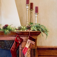 Markel Building, Hazleton, PA interior photo showing wood work detail around fireplace at Christmas time